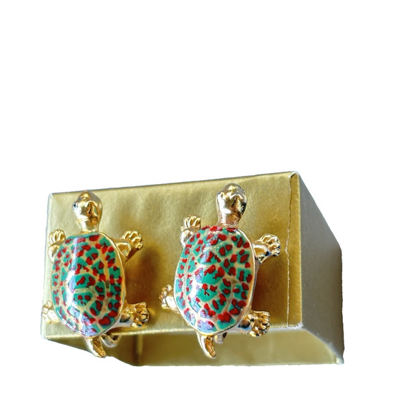 Lovely Vintage Green & Red Enamel Turtle Screw-back Earrings Gold-tone - Picture 12 of 16